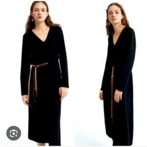 Zara asymmetrical black midi dress with a V-neck, long sleeves, cord/rope belt